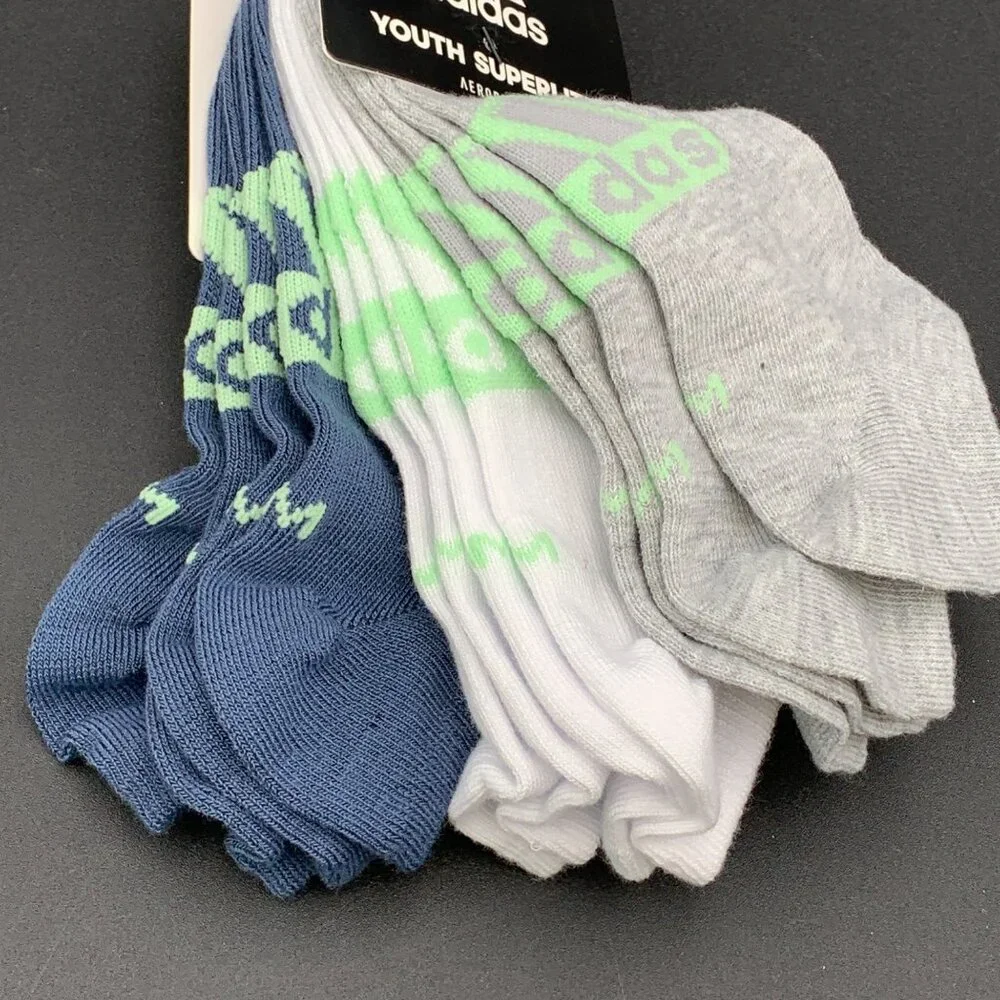 Adidas Youth Superlite No Show‎ Socks 6-Pack M 2Y-5Y AEROREADY Gray White Blue